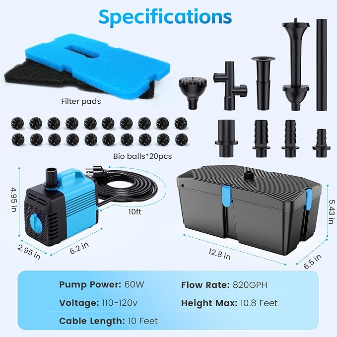 Pond Filters for Outdoor Ponds, 820 GPH Pond Filter with Fountain Pump Kits, 60W Pond Pump and Filter Kit for Koi Pond Clean, Garden Fountains, Waterfall-VerdiqueGarden