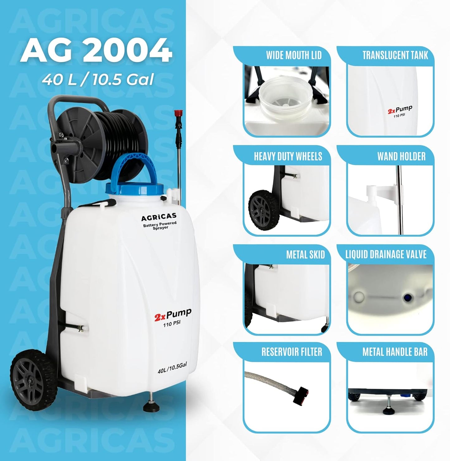 10.5 Gal Battery Powered Sprayer with Double Professional Pump with Wheels, Multifunctional and Portable Weed Sprayer for Lawn & Garden with Adjustable HD Wand and Nozzles-VerdiqueGarden