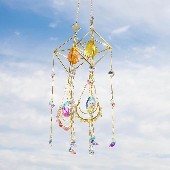 Citrine Crystal Suncatchers Boho Decor, Light Catcher Hanging, Unique for Moms, Glass Rainbow Maker, Crystal Window Hanging, Natural Gemstone (Citrine)-VerdiqueGarden