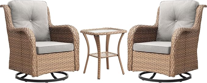 Outdoor Patio Swivel Rocker Chairs - 3 Piece Patio Bistro Set,Wicker Patio Furniture Set with 2 Swivel Rocking Chairs and 1 Glass Top Side Table for Deck Porch Garden,Yellow/Beige-VerdiqueGarden