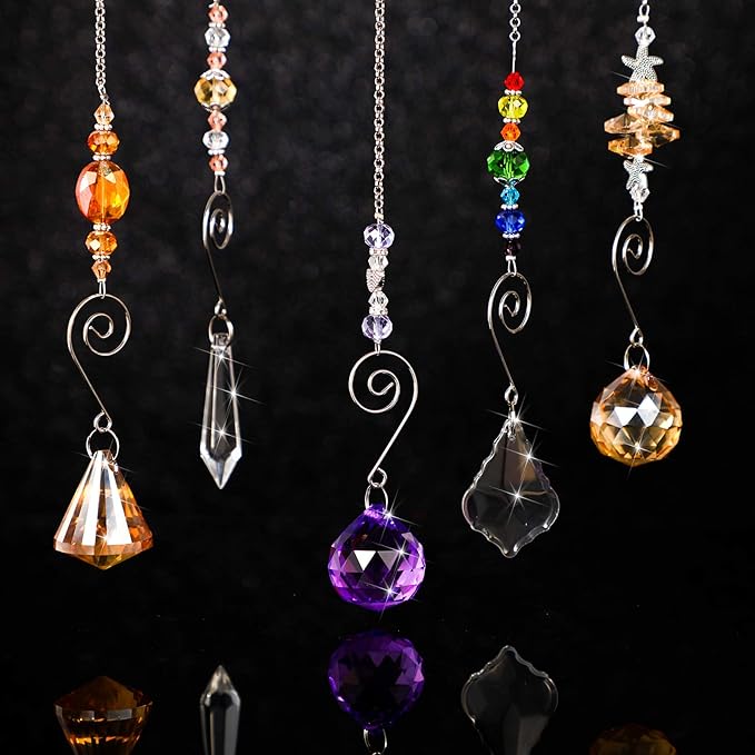 Hicarer 9 Pcs Crystal Suncatchers Hanging Catchers with Chain Colorful Glass Pendant Beads Chandelier Prism Ornament for Window Home Wall Tree Cars Decor Wedding Birthday Anniversary Party Gifts-VerdiqueGarden