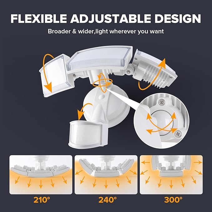 UME 49W 5500LM LED Security Lights Motion Sensor Light Outdoor, 5000K Daylight, IP65 Waterproof, Dusk to Dawn, 3 Head Motion Detected Flood Light for Garage, Yard, Porch(White)-VerdiqueGarden