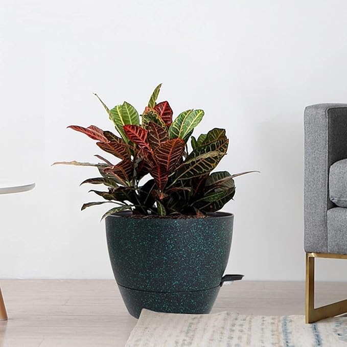 10/9/8 inch Self Watering Pots, Set of 3 Plastic Planters with Mesh Drainage Holes and Deep Reservoir for Indoor Outdoor Garden Plants and Flowers, Black with Green Speckles-VerdiqueGarden