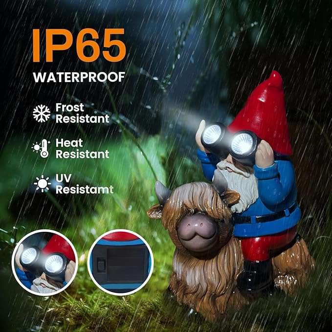 Gnome Garden Statue Solar Lights Outdoor Binoculars on Highland Cow,Birthday Gifts for Women/Men, Housewarming Gifts,Outdoor Decor for Balcony,Garden,Patio,Yard,Lawn(Cow Gnome)-VerdiqueGarden