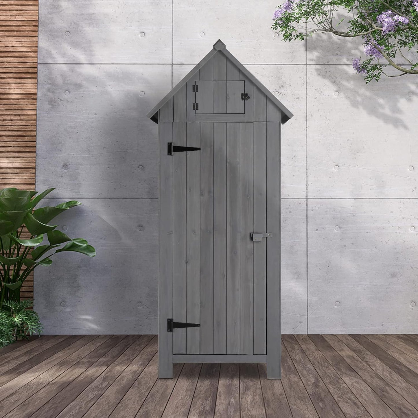 Outvita Outdoor Storage Shed, 70 Inch Wooden Garden Storage Cabinet, Waterproof Tool Storage Cabinet with Lockable Door, Wooden Garden Shed Outdoor Shed for Garden Backyard Lawn(Grey)-VerdiqueGarden