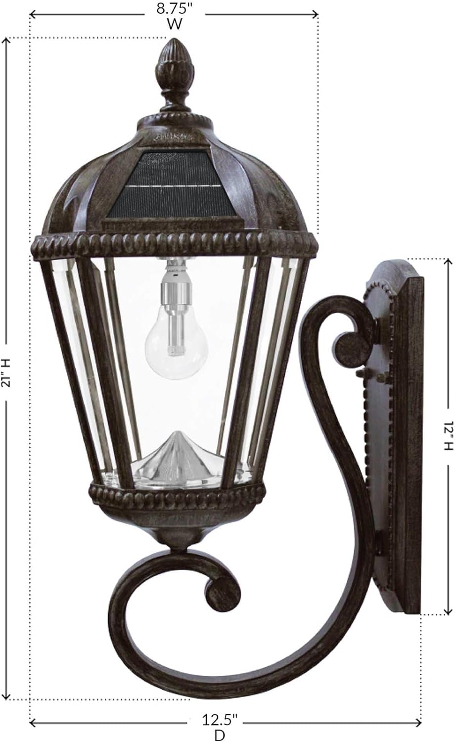 Gama Sonic Solar Outdoor Wall Light, Royal Bulb Exterior Sconce Lamp, Weathered Bronze Finish Aluminum, Rain Water Glass, Warm White LED with Omni-Direction Reflector, 98B310 Upgraded Panel & Battery-VerdiqueGarden