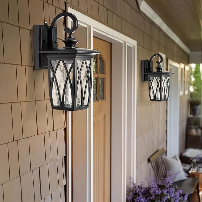 JYZ Dusk to Dawn Outdoor Wall Lantern, Craftsman Style Large Exterior Sconce Light with Water Ripple Glass, Traditional Porch Light Fixture Wall Mount Lamp for Front Porch Doorway Garage Patio Garden-VerdiqueGarden