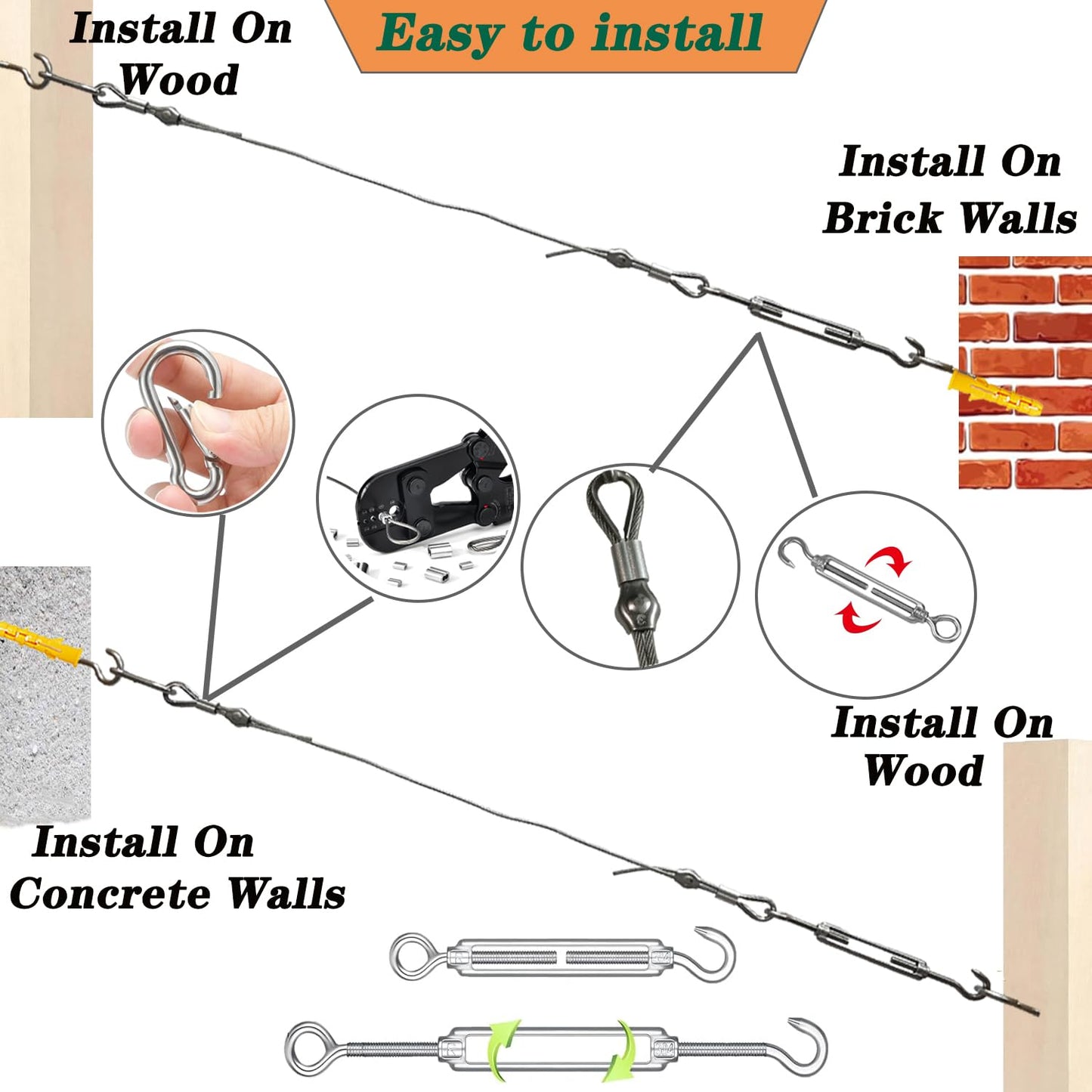 1/8" Stainless Steel Cable,100ft Wire Rope Kit Turnbuckles for Cables Wire, 7x7 Strand Core 3/32" Overmolded to 1/8" Metal Cable for Outdoor Hanging Kit,Garden Fence,Decor, Plant Hanger-VerdiqueGarden