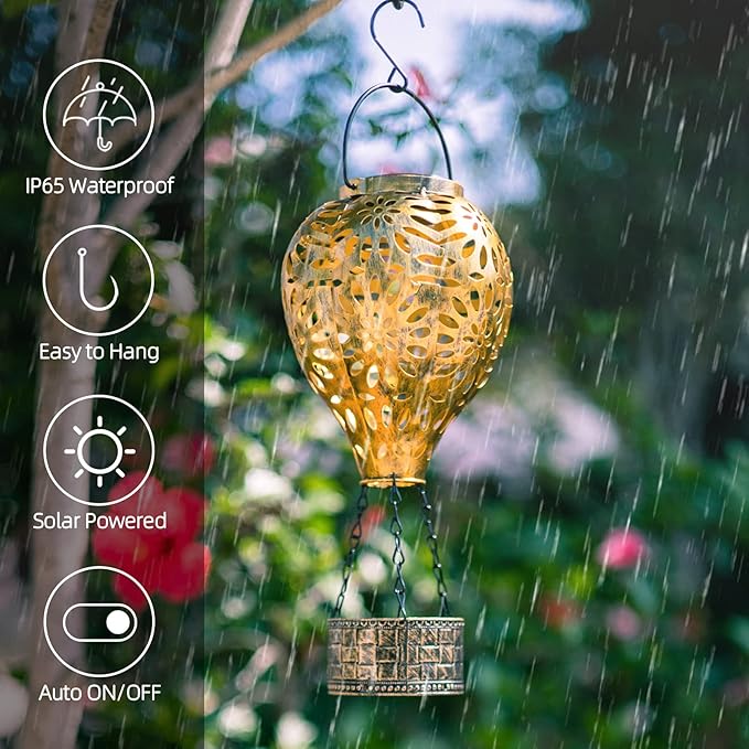 Hot Air Balloon Solar Lantern,Hanging Lantern Outdoor Waterproof Decorative Metal LED Solar Lights for Trees Patio Garden Yard Porch Decor, Gold-VerdiqueGarden