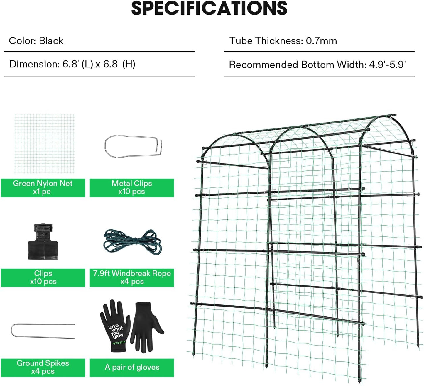 VIVOSUN 7Ft. Arch Trellis for Climbing Plants, 7 x 6 x 7ft Tall Metal Tunnel Trellis, Lightweight Metal Plant Support Archway with Nylon Netting for Climbing Vine, Vegetables, Fruits, Flowers, Black-VerdiqueGarden