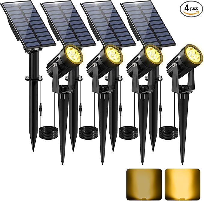 Solar Spot Lights Outdoor, Solar Landscape Spotlights IP65 Waterproof 9.8ft Cable, Auto On/Off Outdoor Wall Lights for Garden Yard Driveway Porch Walkway Pool (1-in-1 3000K Warm White 4 Pack)-VerdiqueGarden