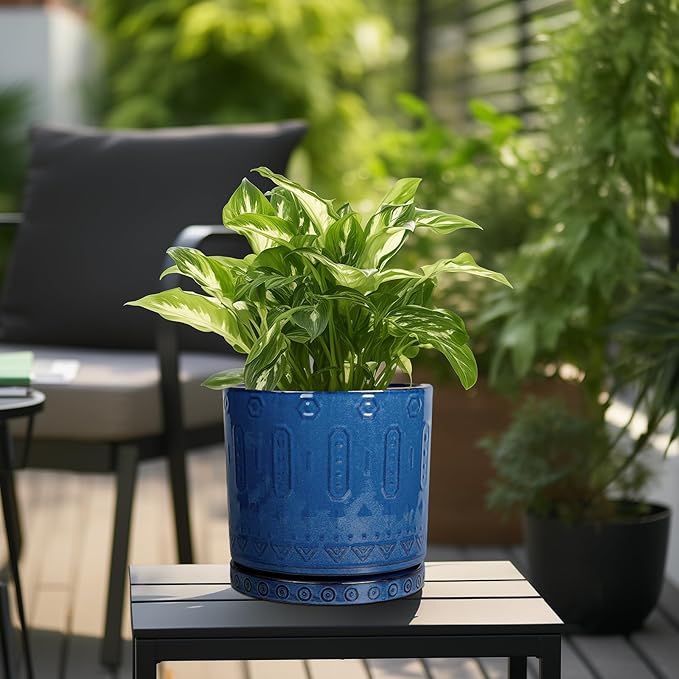 10 Inch Plant Pot - Ceramic Planter Outdoor Plant Pot Indoor with Drainage Holes and Saucer Large Flower Pot Round Decorative Planter for Garden Patio Decor Blue-VerdiqueGarden