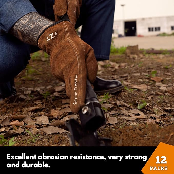 12 Pairs Bulk Leather Work Gloves for Men or Women for Gardening, Construction, Truck, Driving, Farm, Ranch, Woodworker, Soft, Cowhide Thickened, Water Resistant, Brown, 2X-Large-VerdiqueGarden