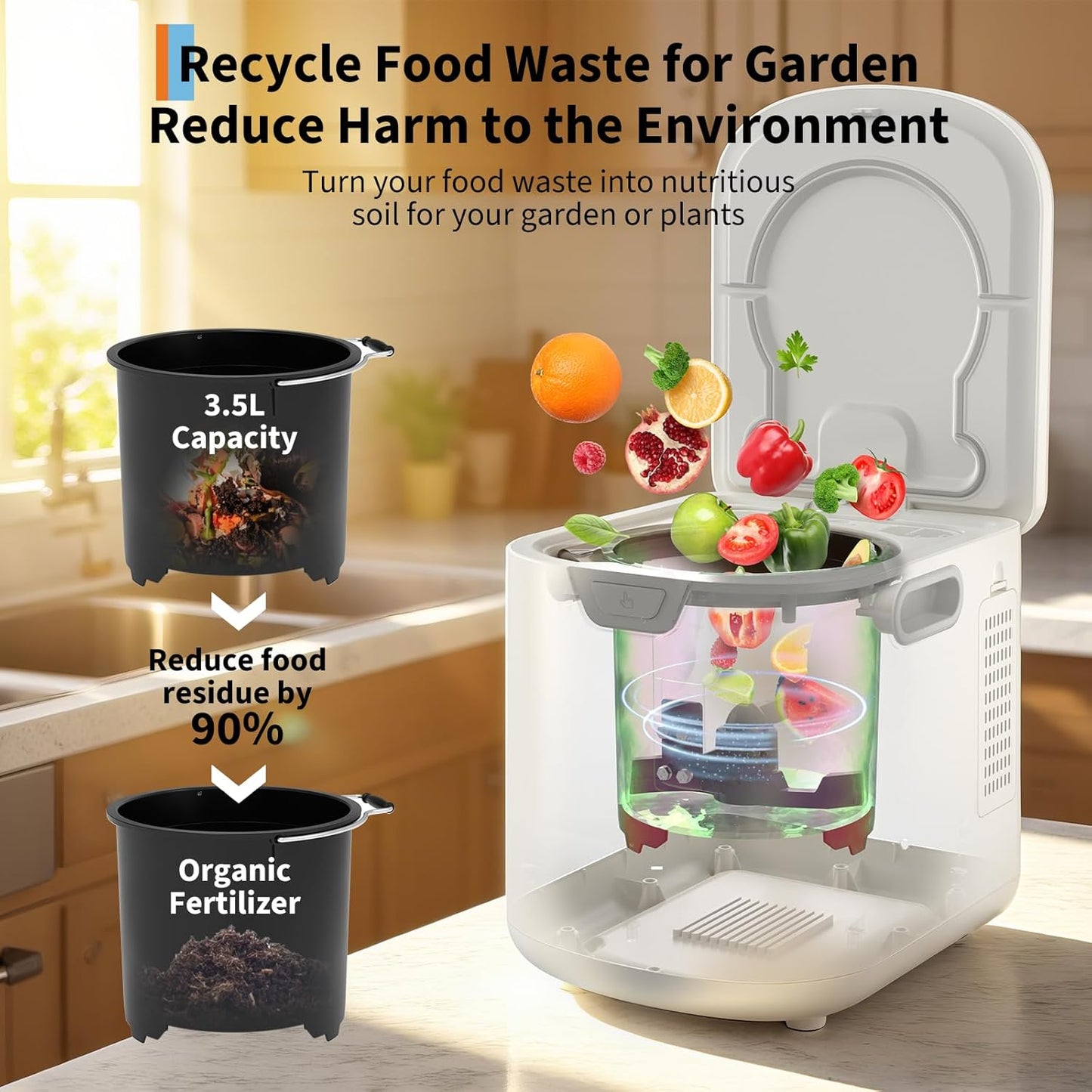 3.5L Electric Kitchen Composter Smart Odorless Compost Bin Auto-Cleaning,Countertop Food Waste Composting Machine -Fast 4-6H Food Waste to Fertilizer Conversion for Outdoor Use (White-VerdiqueGarden