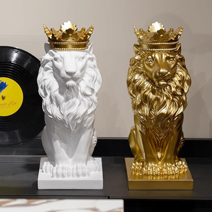 Gold Room Décor Lion Statue – 15 Inch Gold Statue Lion Figurine House Decorations with Crown Lion Statues Home Décor Lion Decoration Décor for Living Room Gold Décor 8.5 * 5.5 * 15 Inch-VerdiqueGarden