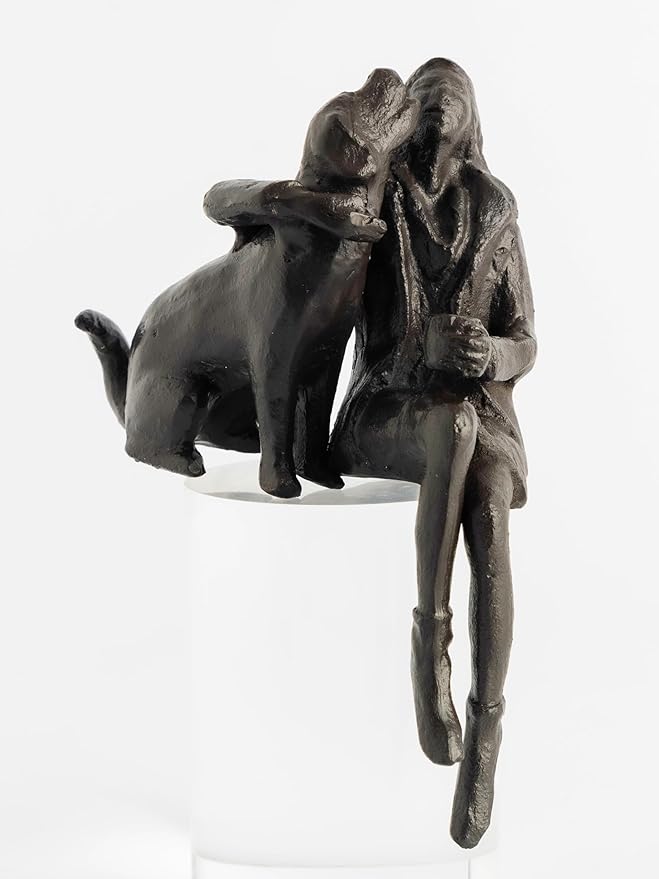 Cast Iron Sitting Woman and Dog Statue, Love Figurine, Gifts for Dog Lovers, Memorial Gifts for Women and Girls, Black-VerdiqueGarden
