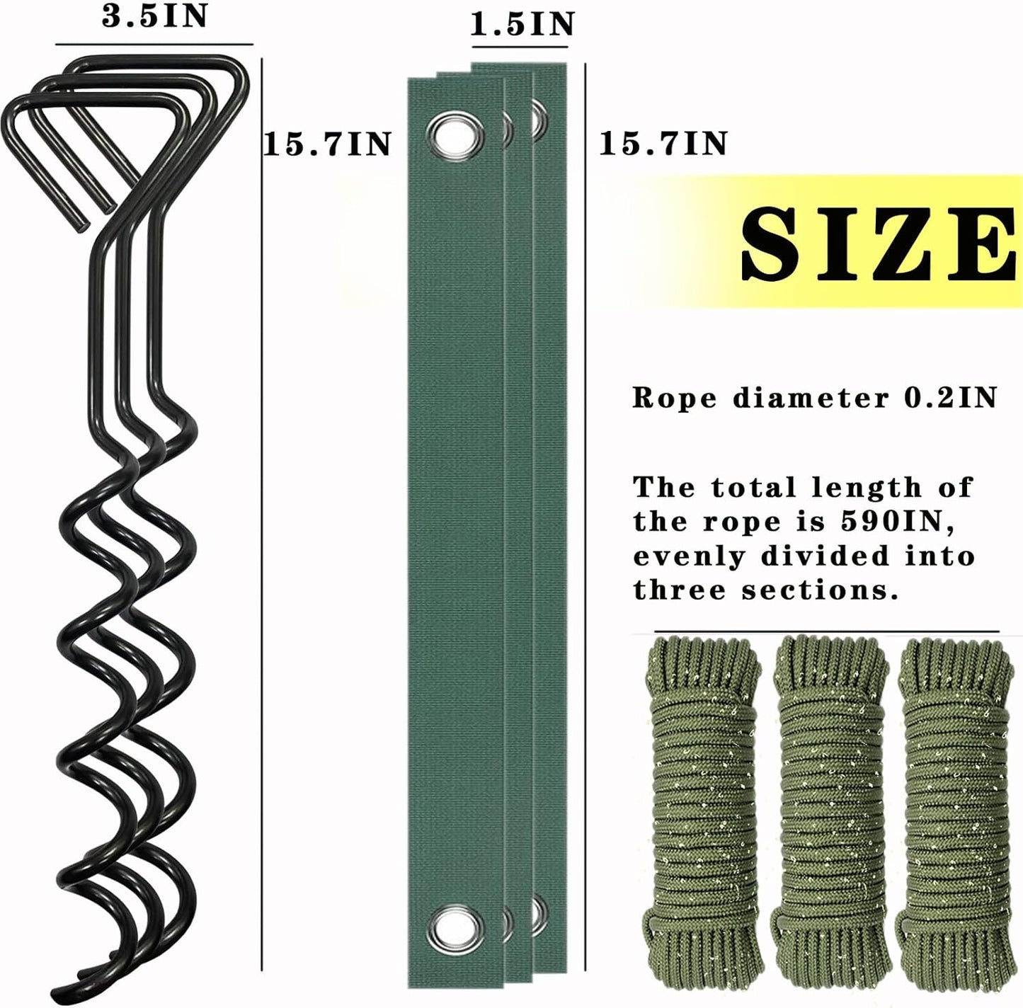 Tree Stake Kits, Tree Stakes and Supports Kits for Hurricane Protection & Bad Weather, Include 3 PCS 15.7" Heavy Duty Spiral Steel Tree Stakes, 3 PCS 15.8" Tree Straps and 3PCS 16.4FT Rope-VerdiqueGarden