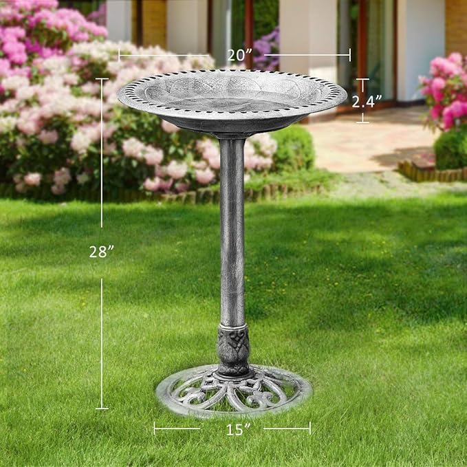 VIVOHOME 28 Inch Height Polyresin Lightweight Antique Outdoor Garden Bird Bath Gray-VerdiqueGarden
