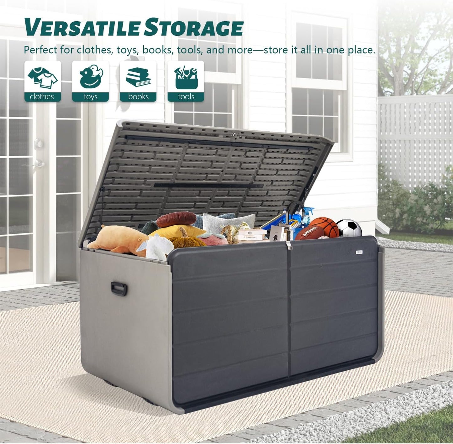 Domi 260 Gallon Outdoor Storage Box – Waterproof, UV-Resistant Deck Box with Lockable Lid for Patio Furniture, Garden Tools, Delivery Packages (Large Resin Storage Bin)-VerdiqueGarden