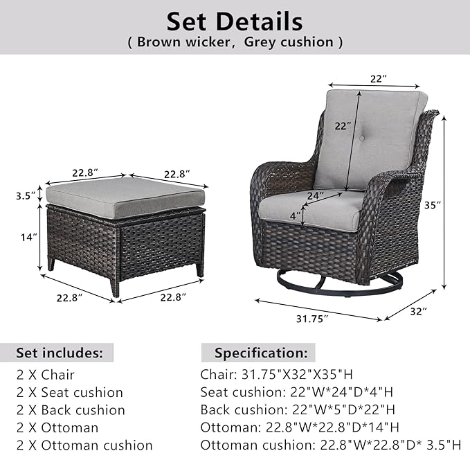 4 Pieces Patio Furniture Sets, Wicker Patio Swivel Glider Chair with Ottomans, Outdoor Furniture Set for Outside Porch, Deck, Balcony, Garden-VerdiqueGarden