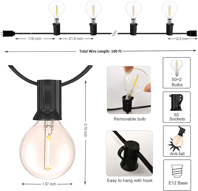 Outdoor String Lights 100FT Globe String Lights with 52 Dimmable G40 Shatterproof LED Bulbs,Waterproof Connectable Patio Light String Lights for Backyard Hanging Lights,2700K Warm Glow-VerdiqueGarden