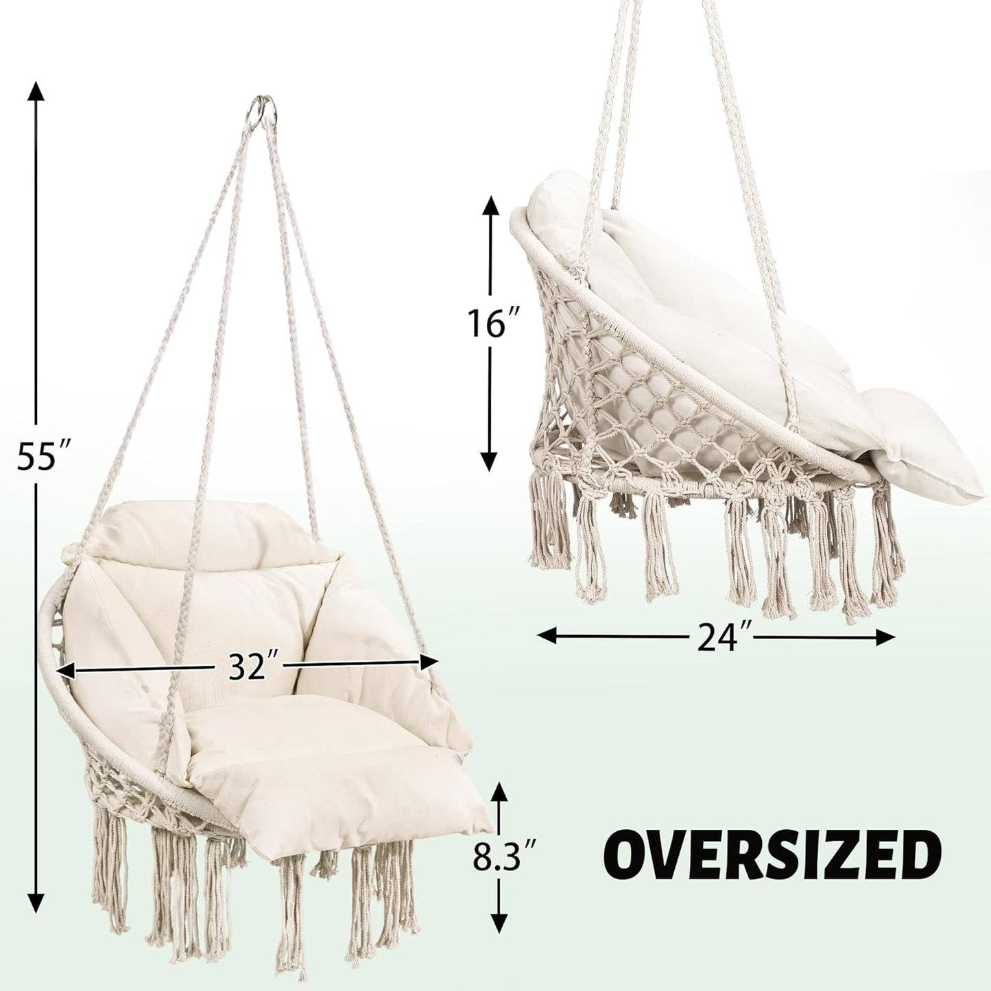 Macrame Hammock Hanging Swinging Chair with Oversized Cushion, Perfect for Bedroom, Porch, Kids, Adults, Balcony, Beige-VerdiqueGarden