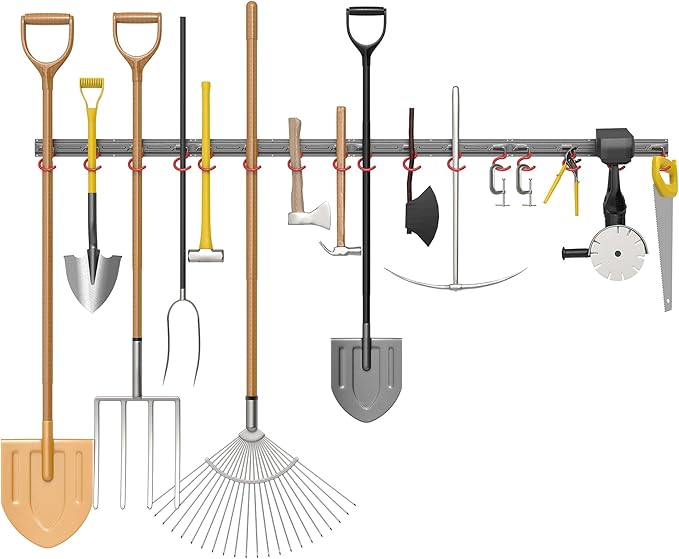 TORACK Metal Wall-Mounted Garden Tool Organizer for Garage, Mop and Broom Holder, Yard Tool Storage Rack for Rakes, Shovels, Mops, Brooms (4 Rails, 16 Hooks)-VerdiqueGarden