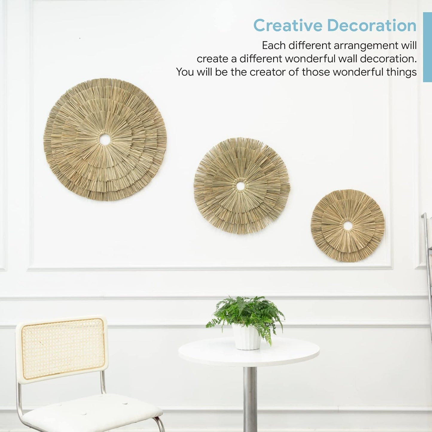 VATIMA Boho Wall Décor – Simple Oversized Wall Basket Décor for Home and Office – Seagrass Wicker Basket Wall Décor Set – 3pcs Flat Baskets – Easy to Hang – Handmade Design – Small/Medium/Large-VerdiqueGarden