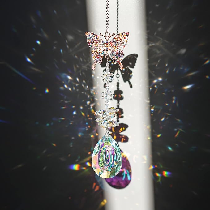 Suncatcher with Crystals,Colorful Crystal Butterfly Rhinestones Suncatcher Window Hanging,Crystal Prism Hanging Ornament,Rainbow Maker Decoration for Home, Garden, Wedding, Party & Christmas-VerdiqueGarden