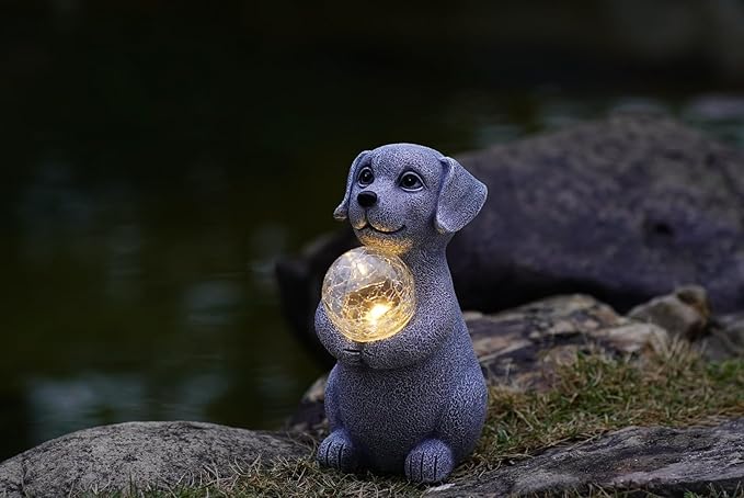 Solar Dog Garden Statues - 8.4 "Dog Decor with Gazing Ball Solar LED Lights, Unique Gifts for Mom Grandma Birthdays, Outdoor Decor for Outside Lawn Porch Patio (Gray)-VerdiqueGarden