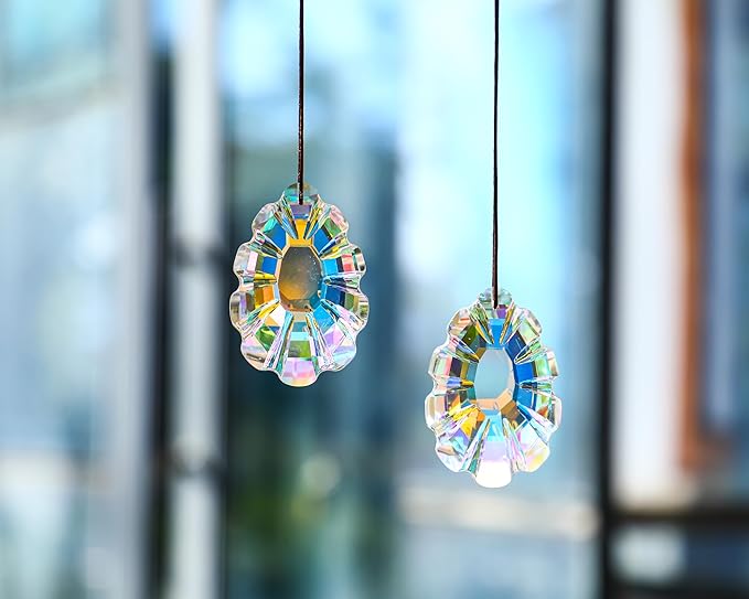 HDCRYSTALGIFTS Set 2 Crystal Sun Catchers for Window Protect Bird Strike, AB Colored 76mm Hanging Ornaments for Windows Rainbow Prism Suncatchers Garden Home Decor-VerdiqueGarden