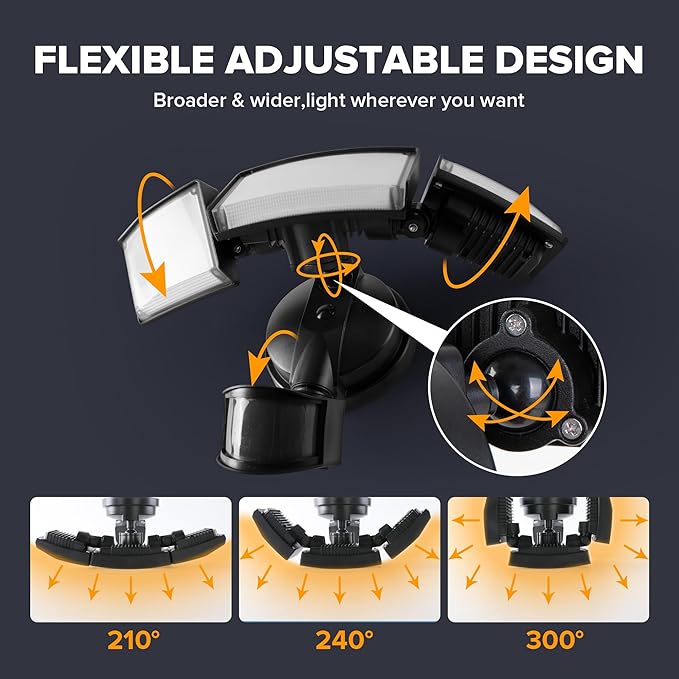 UME 49W LED Security Lights Motion Sensor Light Outdoor, 5000K Daylight, IP65 Waterproof, Dusk to Dawn, 3 Head Motion Detected Flood Light for Garage, Yard, Porch (Black)-VerdiqueGarden