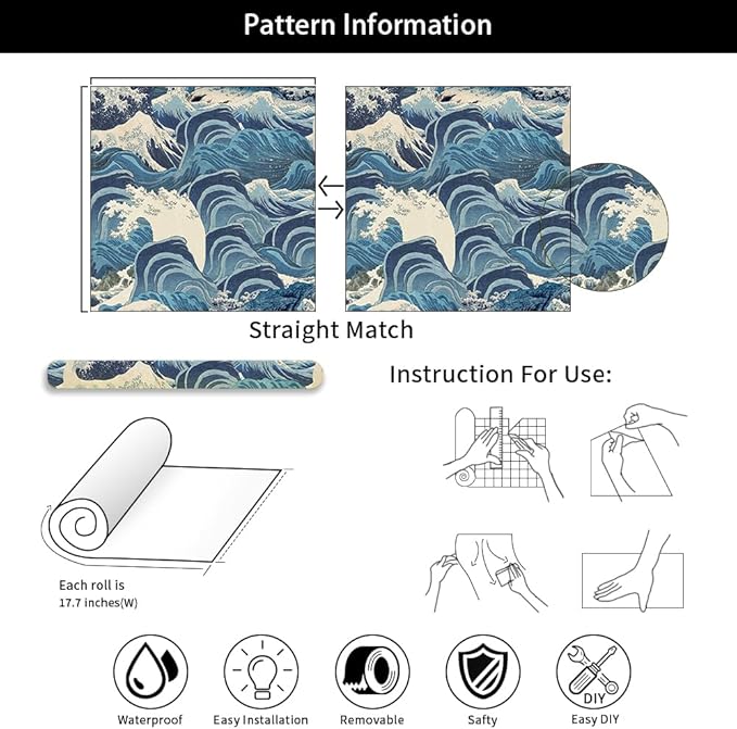 Hand Drawn Blue Sea Wave Reef Peel and Stick Wallpaper Self Adhesive Removable Easy Peel Off Stick on Wall Paper for Bedroom Cabinet Renter Friendly-VerdiqueGarden