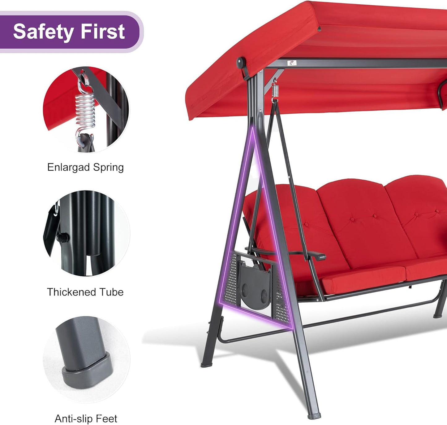 PURPLE LEAF Outdoor Patio Porch Swing with Stand, 2-seat Swing Chair with Adjustable Tilt Canopy All-Weather Steel Frame for Backyard Front Porch Lawn, Cushions and Pillow Included, Terra-VerdiqueGarden