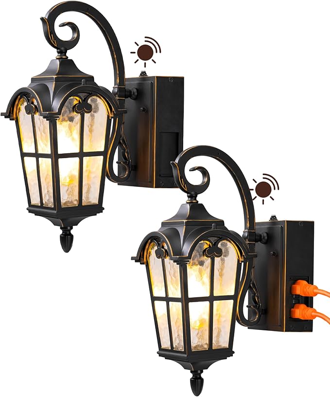EDISHINE 2 Pack Dusk to Dawn Outdoor Wall Lights, Porch Lights with GFCI Outlet, Retro Black Outdoor Wall Lantern, Waterproof Outside Exterior Light Fixture for Front Door, Patio, Garage, E26 Socket-VerdiqueGarden