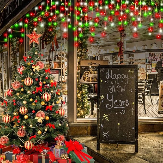 Hezbjiti Christmas Lights Outdoor Decorations,LED Christmas Lights 8 Modes 75 Drops Fairy String Curtain Lights for Christmas Decor Eaves Window Party Yard Garden (Red Green Cold, 1600LED 164FT)-VerdiqueGarden