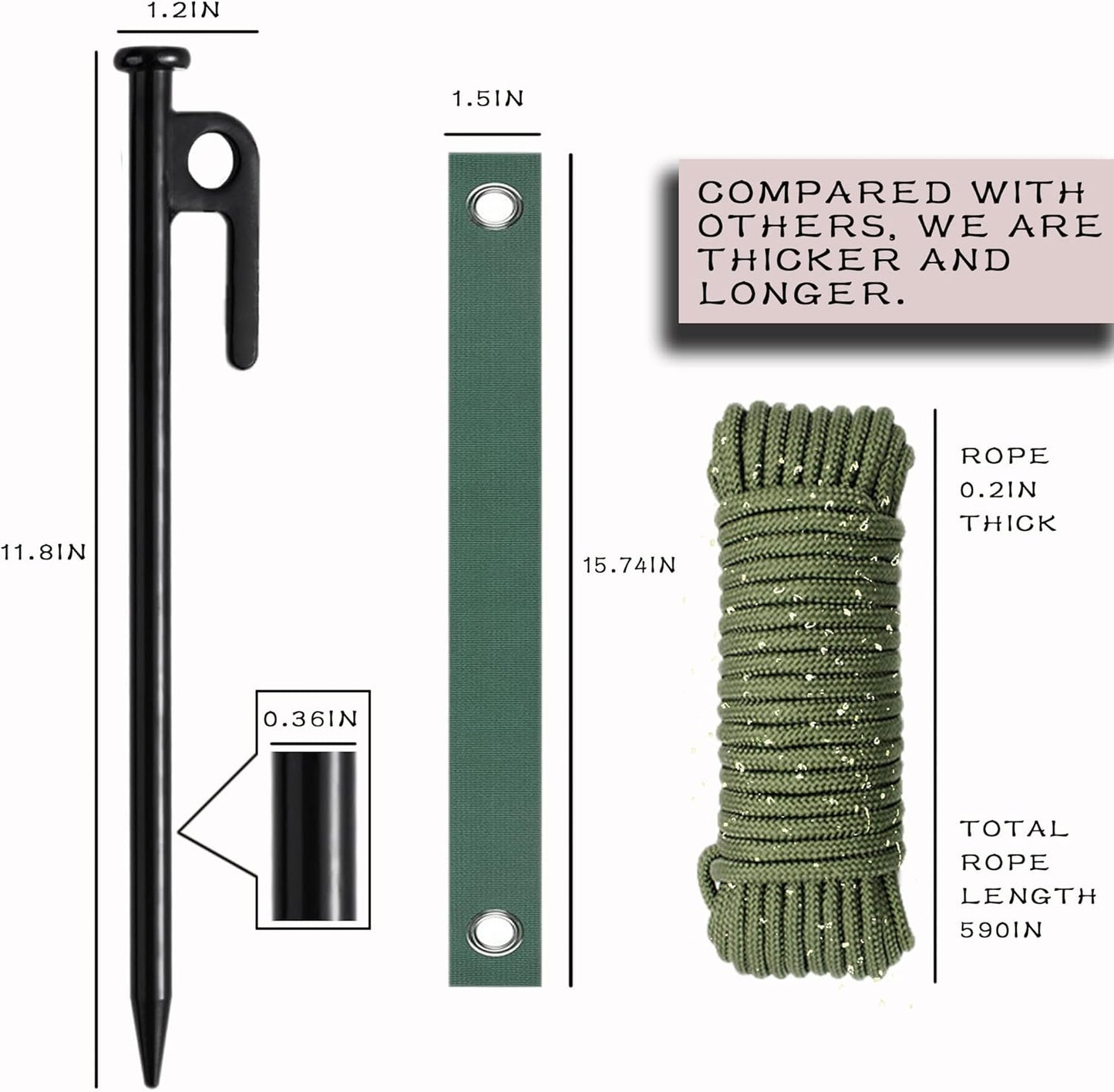 Tree Stake Kits, Tree Stakes and Supports Kits for Hurricane Protection & Bad Weather, Include 3 PCS 11.8" Heavy Duty Steel Tree Stakes, 3 PCS 15.8" Tree Straps and 50 FT Rope-VerdiqueGarden
