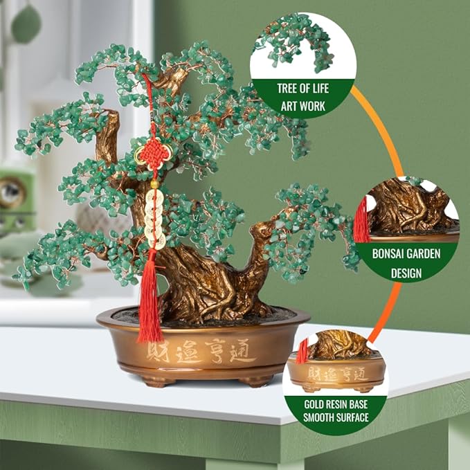 Green Aventurine Gemstone Crystal Bonsai Tree of Life(1,350 Gemstone Count) Large Feng Shui Money Chakra Tree for Luck and Wealth Desk Decoration 20 Inches-VerdiqueGarden