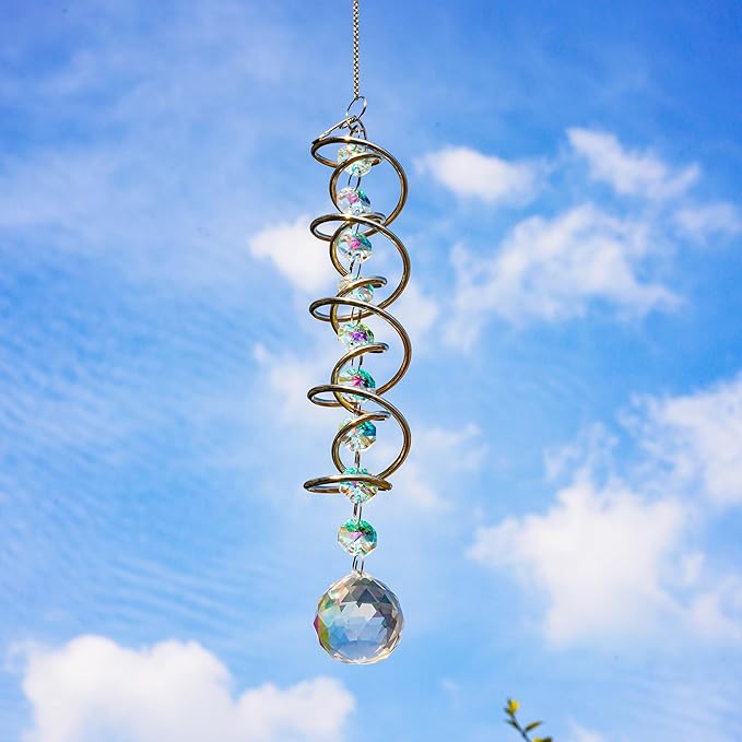 H&D HYALINE & DORA 17.7in Crystal Sun Catcher,Colorful Hanging Suncatcher with Octagonal Beads and Chain,Gazing Ball Spiral Tail,Rainbow Crystals for Indoor Outdoor Garden Decoration-VerdiqueGarden