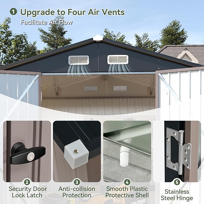 Aoxun 7x5 FT Outdoor Storage Shed Garden Metal Shed with Lockable Door Outdoor Large Shed for Tool, Garbage Can, Bike, Mower, Brown-VerdiqueGarden