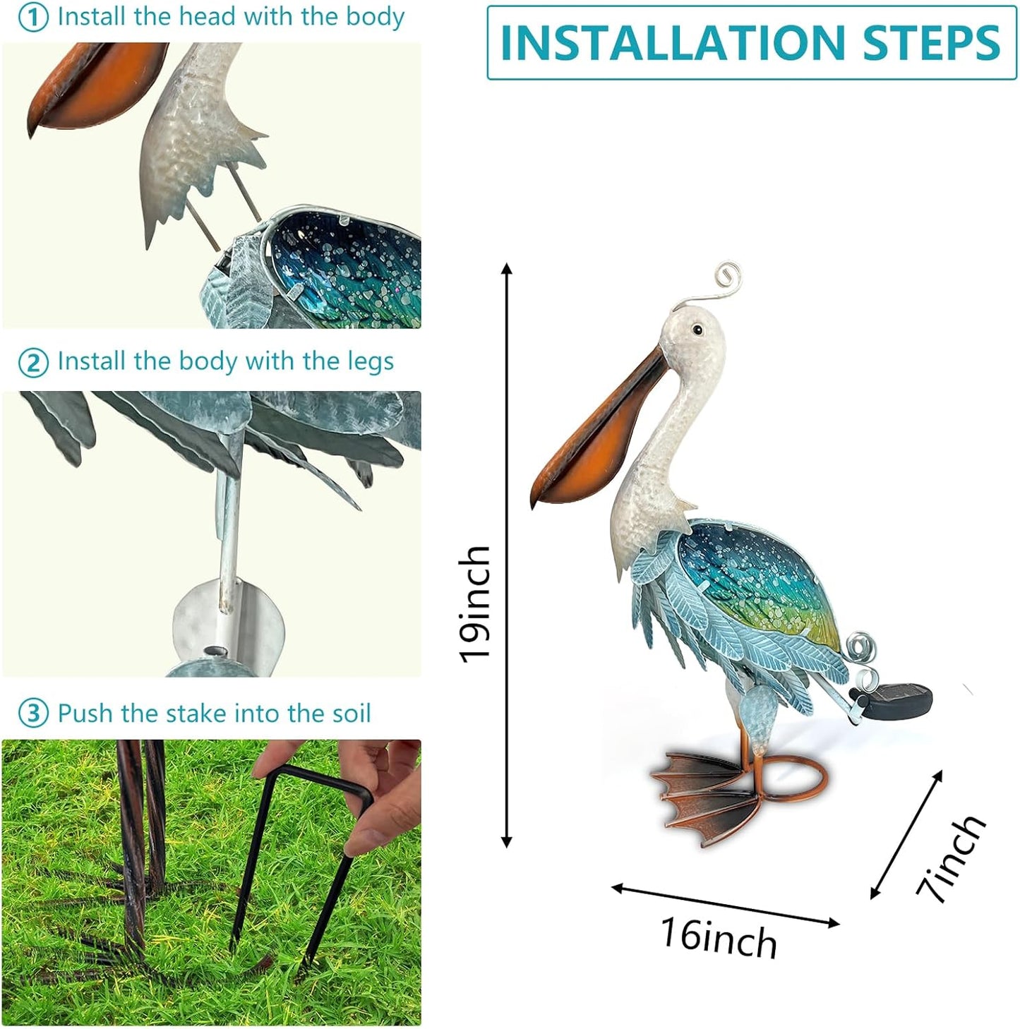 HONGLAND Solar Metal Pelican Statues Garden Sculpture & Statues, 19 Inch Glass Outdoor Pelican Yard Art Coastal Ocean Bird Decor Lawn Ornament for Backyard Porch Patio Decor(Blue-Green)-VerdiqueGarden