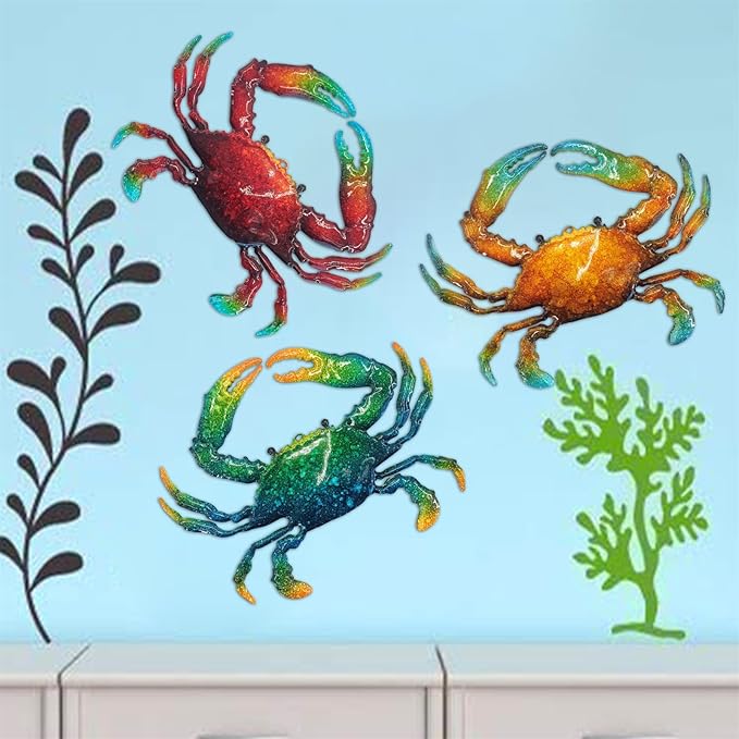 John's Studio Metal Crab Sea Wall Decor Outdoor Garden Hanging Art Sculptures Home Ocean Theme Decorations for Kitchen Bathroom and Pool - 3 PCS-VerdiqueGarden