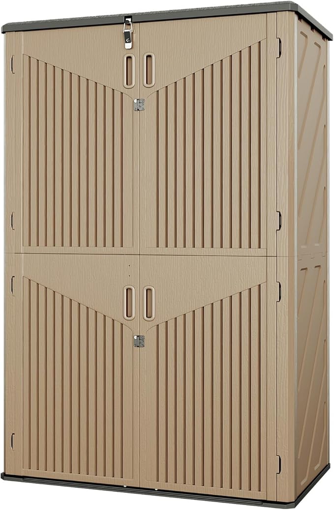 Aoxun Outdoor Storage Shed, 64 Cu.Ft Vertical Storage Sheds Outdoor with Floor, Outdoor Waterproof Storage Cabinet for Garage Storage, Pool Storage, Bike Shed, Garden Shed (Brown)-VerdiqueGarden