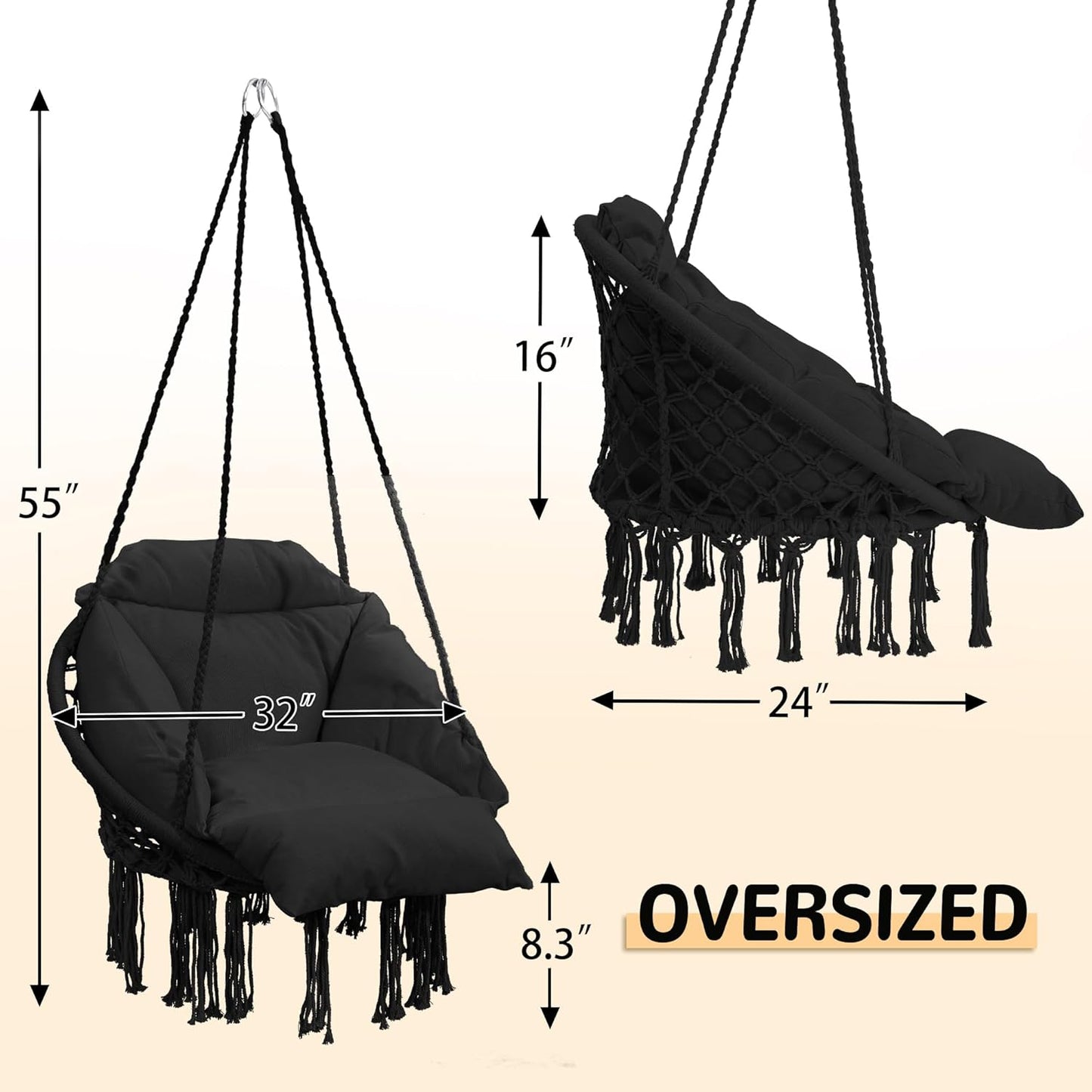 Macrame Hammock Hanging Swinging Chair with Oversized Cushion, Perfect for Bedroom, Porch, Kids, Adults, Balcony, Black-VerdiqueGarden