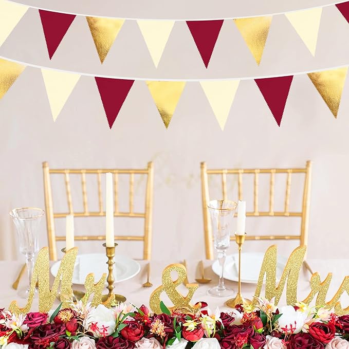 Burgundy Party Decorations Gold Maroon Beige Fabric Triangle Pennant Banner Garnet Flag Bunting Garland for Graduation Wedding Birthday Bridal Shower Bachelorette Anniversary Engagement Party Supplies-VerdiqueGarden