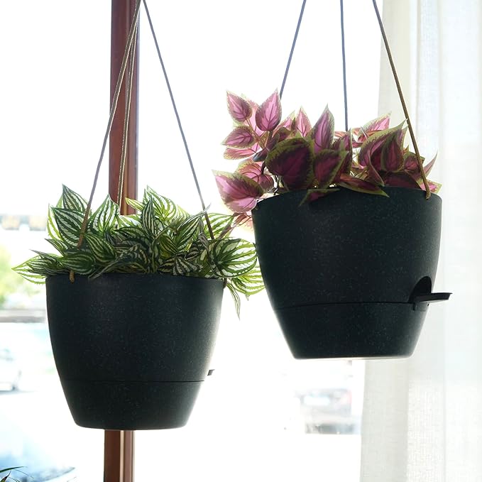10 Inch Self Watering Hanging Pots, 2 Pack Hanging Planters with 40oZ Deep Reservior for Indoor Outdoor Plants Flowers, Black Speckles-VerdiqueGarden