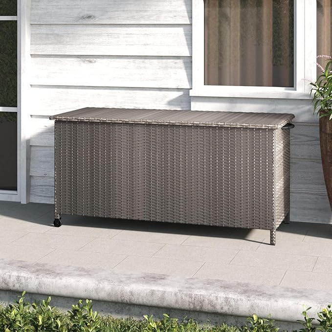 Grand patio 108 Gallon Deck Storage Box Indoor Outdoor Wicker Bin for Patio Furniture Cushions Garden Tools Pool Accessories, Greige-VerdiqueGarden