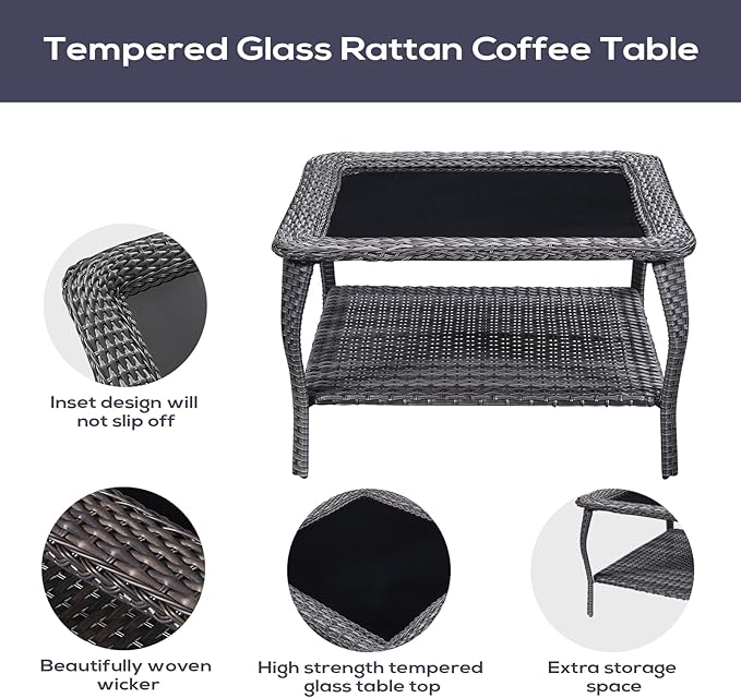 Outdoor Furniture Sectional Sofa L Shaped Couch - Patio Wicker Set with 2 Swivel Glider Chairs, 5 Piece Rattan Patio Conversation Sets with Blue Cushion for Deck Backyard Sunroom-VerdiqueGarden