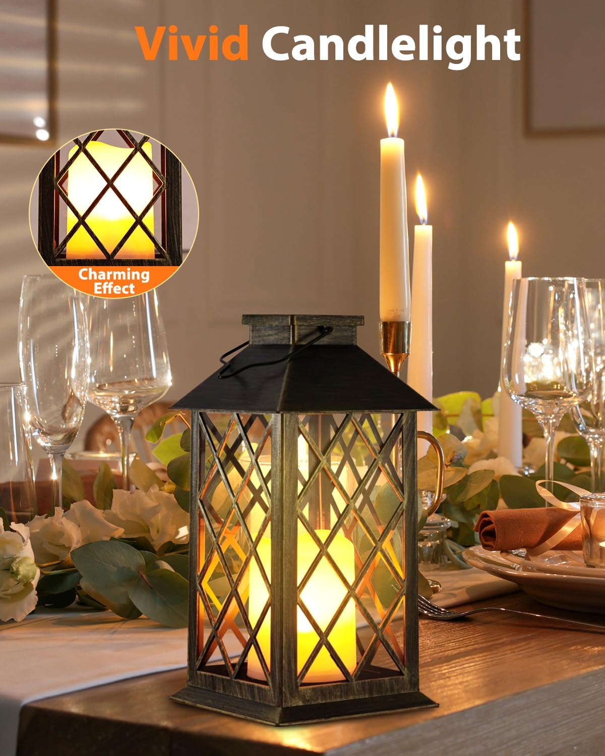 Otdair Solar Lanterns Outdoor Waterproof, 2 Pack 14" Solar Lantern with Glass Retro LED Flickering Flameless Candle,Lanterns Decorative Outdoor for Gift, Yard, Garden, Patio, Balcony,Porch, Party-VerdiqueGarden