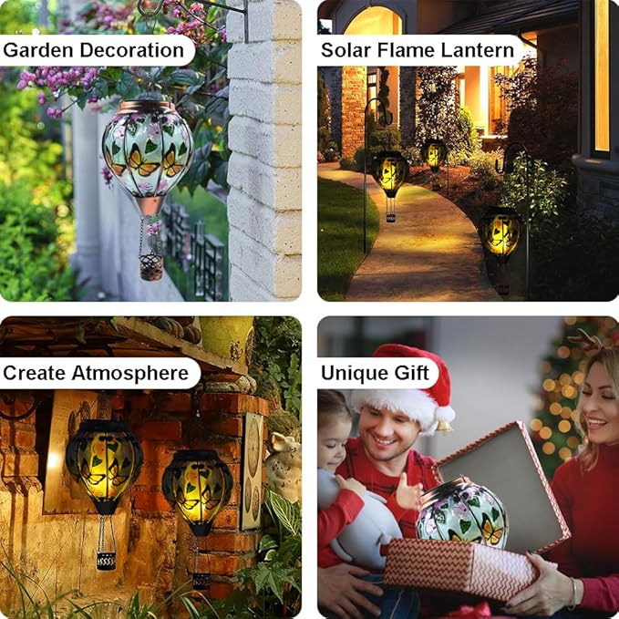 Hot Air Balloon Solar Lantern with Flickering Flame, Glass Hanging Garden Lights Outdoor Waterproof for Tree Yard Patio Mother's Day Gift, 18" H Butterfly-VerdiqueGarden